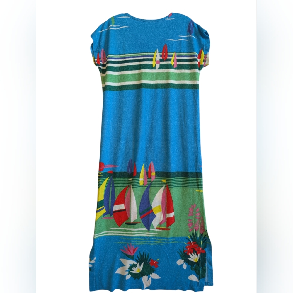 Vintage Terry Cloth Swim Cover Up Hostess Maxi Dress Sailboat Beach Tropical - Picture 5 of 5